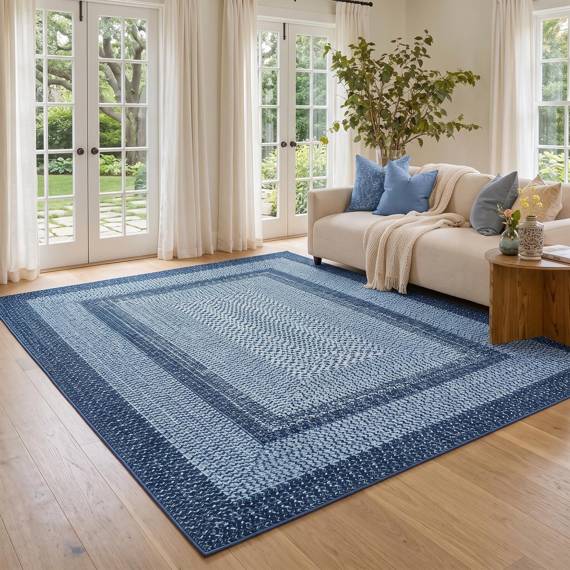 Modern Washable Area Rug 5'x7' Vintage Braided Print Non-Slip Low Pile Carpet for Living Room Bedroom Home Office, Gray and Blue