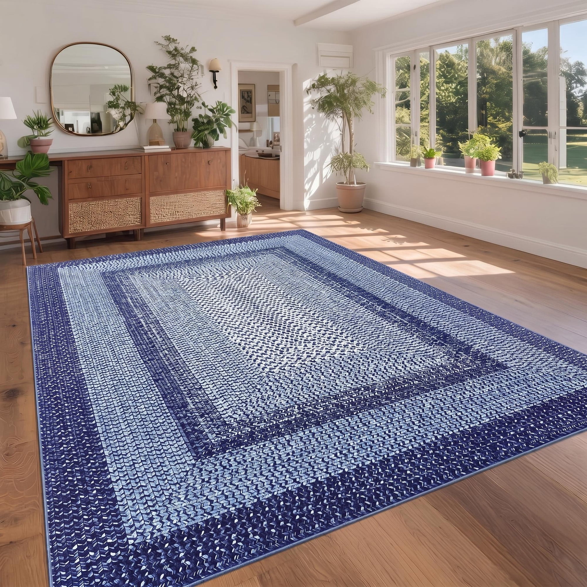 Modern Washable Area Rug 6'x9' Vintage Braided Print Non-Slip Low Pile Carpet for Living Room Bedroom Home Office, Navy Blue