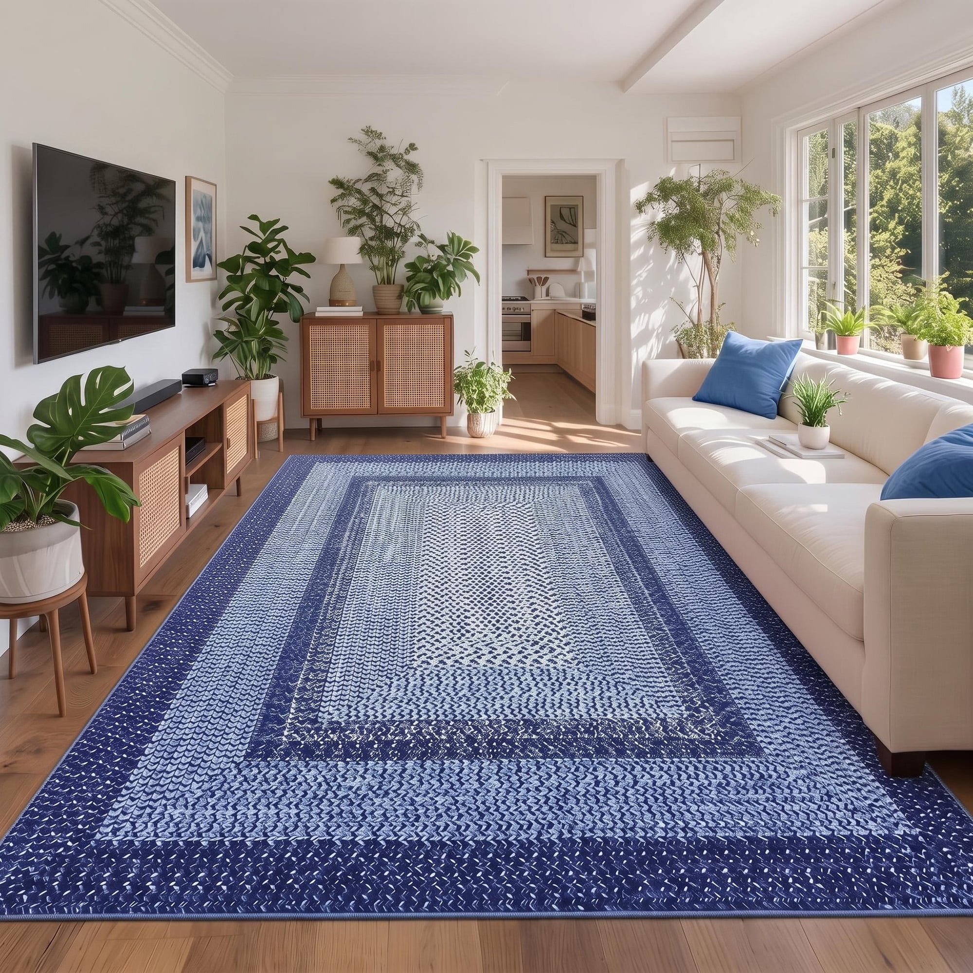 Modern Washable Area Rug 8'x10' Vintage Braided Print Non-Slip Low Pile Carpet for Living Room Bedroom Home Office, Navy Blue