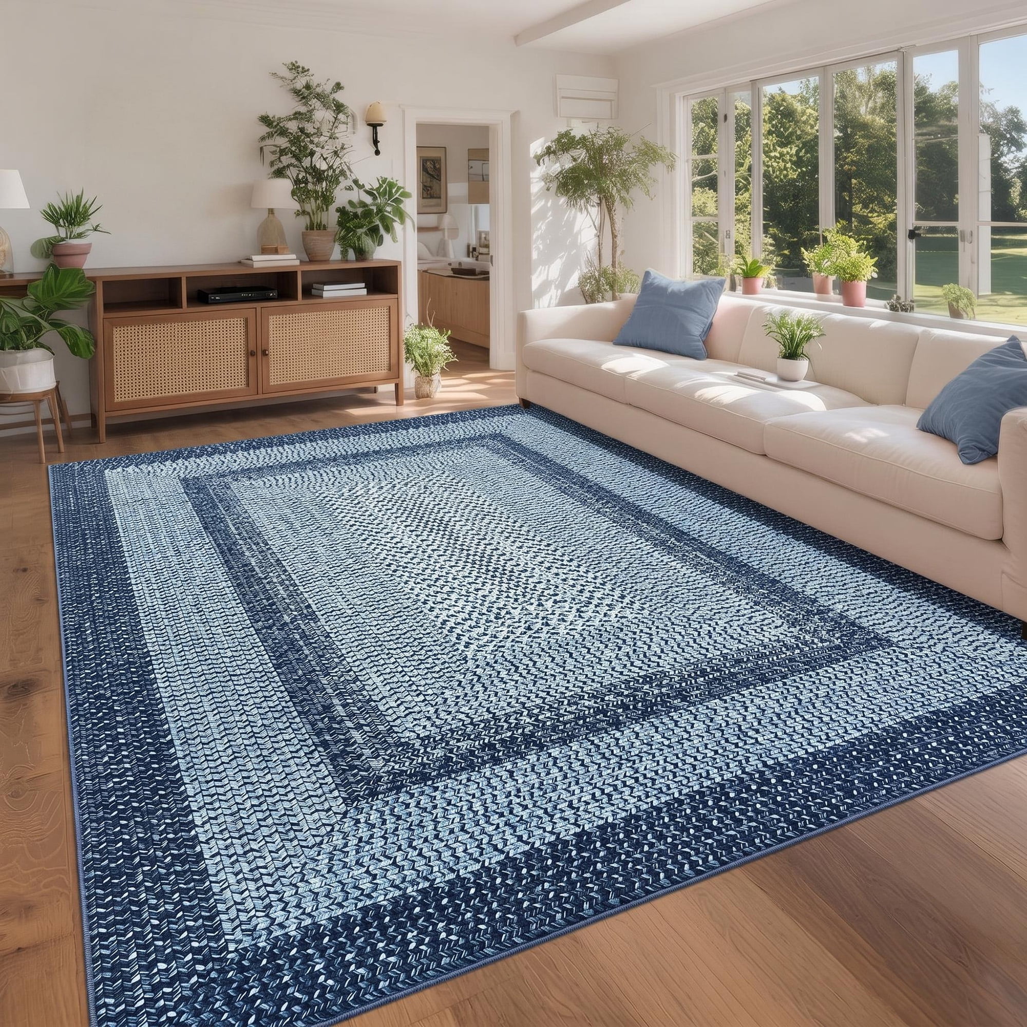 Modern Washable Area Rug 9'x12' Vintage Braided Print Non-Slip Low Pile Carpet for Living Room Bedroom Home Office, Gray and Blue