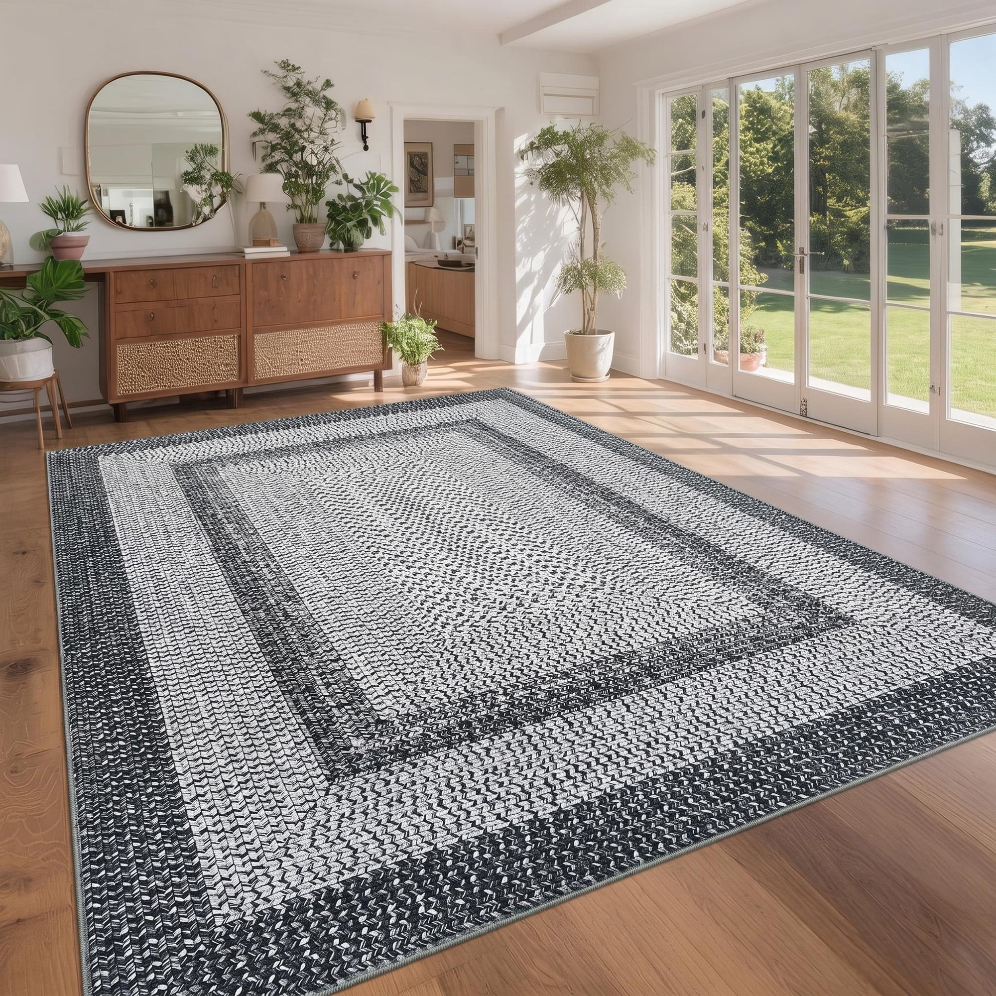 Modern Washable Area Rug 9'x12' Vintage Braided Print Non-Slip Low Pile Carpet for Living Room Bedroom Home Office, Gray
