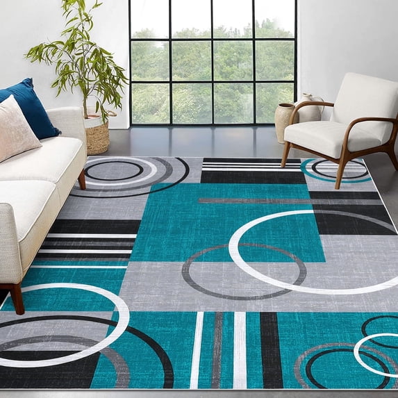 Modern Washable Area Rug 9x12 Large Contemporary Geometric Circles Carpet with Non-Slip Backing for Living Room, Low Pile Indoor Floor Mat for, Lake Blue