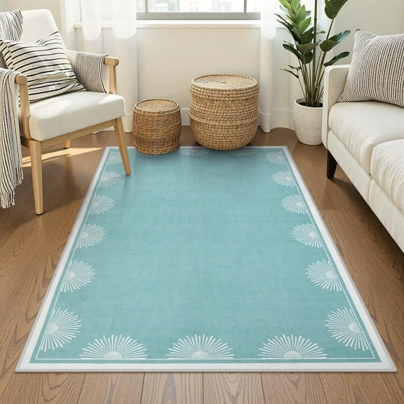 Modern Washable Area Rugs, 3x5 Teal Rugs for Bedroom Non Slip Soft Entry Rug, Low Pile Aqua Small Living Room Rug, Sun Print Floor Carpet for Office Nursery Dorm(3'x5',Teal)