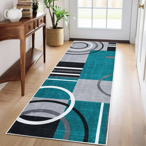 Modern Washable Area Rugs, Contemporary Geometric Circles Carpet with Non-Slip Backing