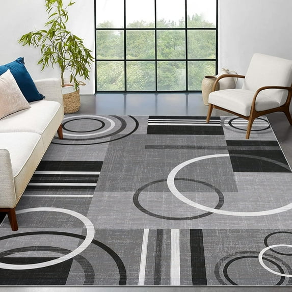 Modern Washable Area Rugs, Contemporary Geometric Circles Carpet with Non-Slip Backing