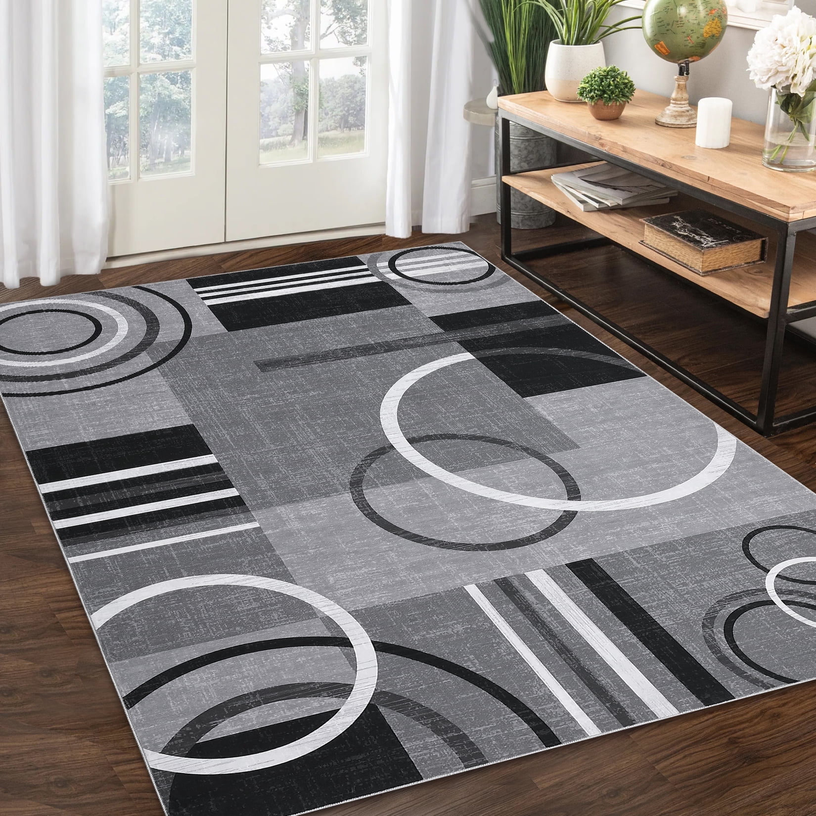 Modern Washable Area Rugs, Contemporary Geometric Circles Carpet with Non-Slip Backing