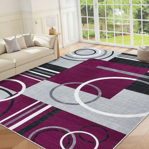 Modern Washable Area Rugs, Contemporary Geometric Circles Carpet with Non-Slip Backing