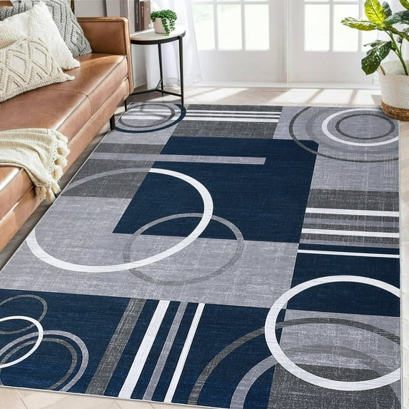 Modern Washable Area Rugs, Contemporary Geometric Circles Carpet with Non-Slip Backing