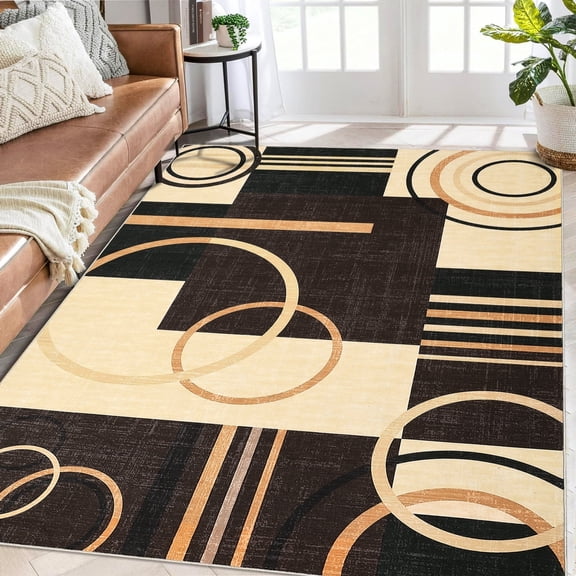 Modern Washable Area Rugs, Contemporary Geometric Circles Carpet with Non-Slip Backing