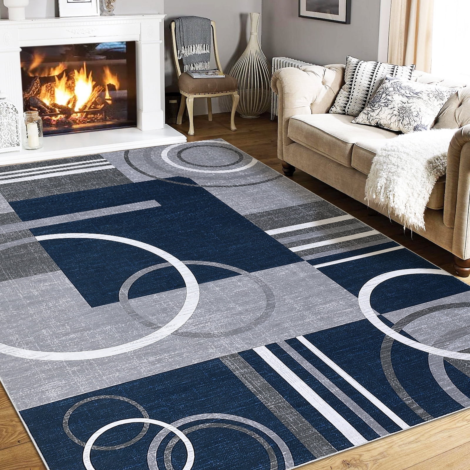 Modern Washable Area Rugs, Contemporary Geometric Circles Carpet with Non-Slip Backing