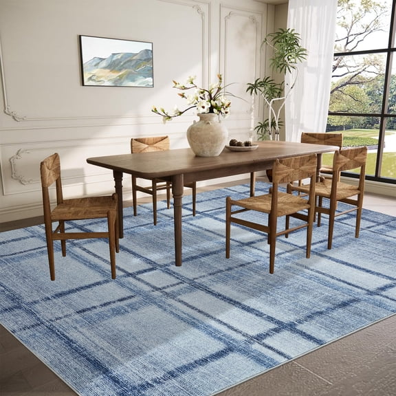 Modern Washable Rug for Living Room, Large Plaid Accent Carpet, Non-Slip Contemporary Striped Rug, Non-Shedding Stain-Resistant Indoor Carpet for Bedroom, Dining Room, Dorm