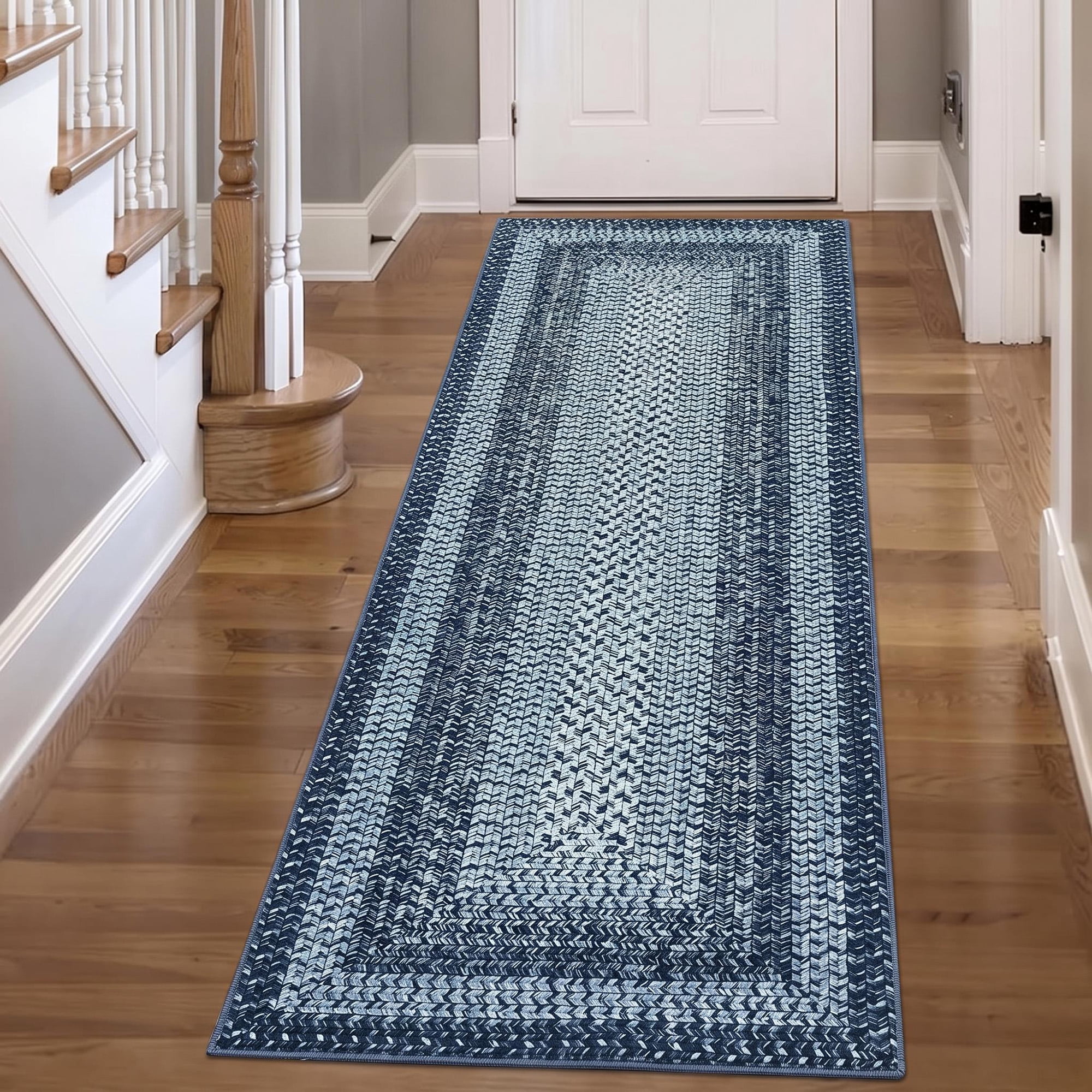 Modern Washable Runner Rug 2'x6' Vintage Braided Print Non-Slip Low Pile Carpet for Entryway Home Office, Gray and Blue