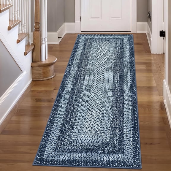 Modern Washable Runner Rug 2'x8' Vintage Braided Print Non-Slip Low Pile Carpet for Entryway Home Office, Gray and Blue
