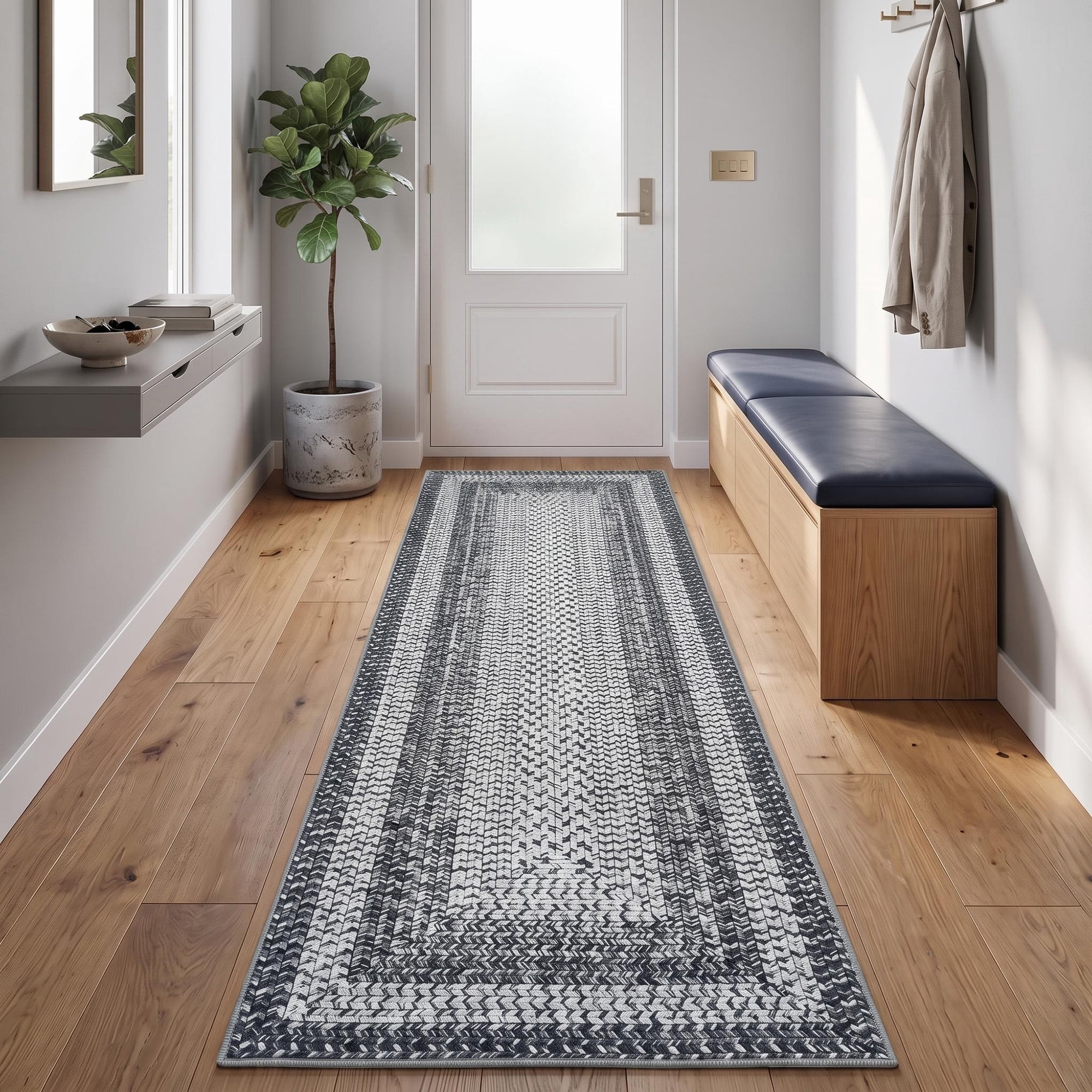 Modern Washable Runner Rug 2'x8' Vintage Braided Print Non-Slip Low Pile Carpet for Entryway Home Office, Gray