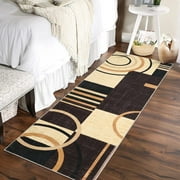 Modern Washable Runner Rug 2x6 Contemporary Geometric Circles Carpet with Non-Slip Backing for Hallway, Low Pile Indoor Floor Mat for Kitchen Bedroom, Dark Brown