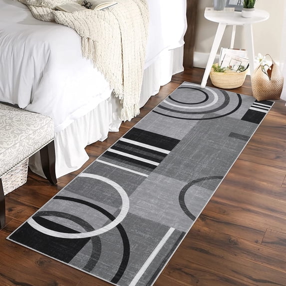 Modern Washable Runner Rug 2x6 Contemporary Geometric Circles Carpet with Non-Slip Backing for Hallway, Low Pile Indoor Floor Mat for Kitchen Bedroom, Gray