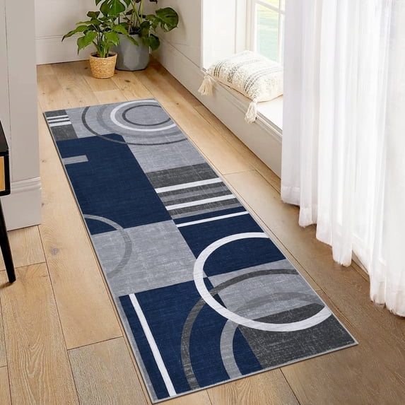 Modern Washable Runner Rug 2x6 Contemporary Geometric Circles Carpet with Non-Slip Backing for Hallway, Low Pile Indoor Floor Mat for Kitchen Bedroom, Navy