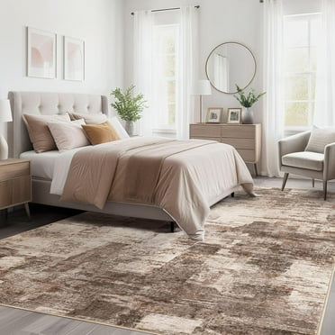 Modern Washable Soft Area Rug 5x7 - Neutral Abstract Indoor Floor Carpet for Living Room Bedroom