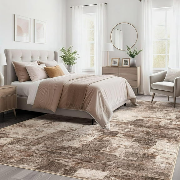 Modern Washable Soft Area Rug 5x7 - Neutral Abstract Indoor Floor Carpet for Living Room Bedroom