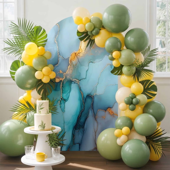 Modern Water Ripple Arch Backdrop Cover, 4FT, Green Gold Marble Texture Spandex Arch Covers Double-Sided Backdrop for Wedding Birthday Party Photo Background Decoration