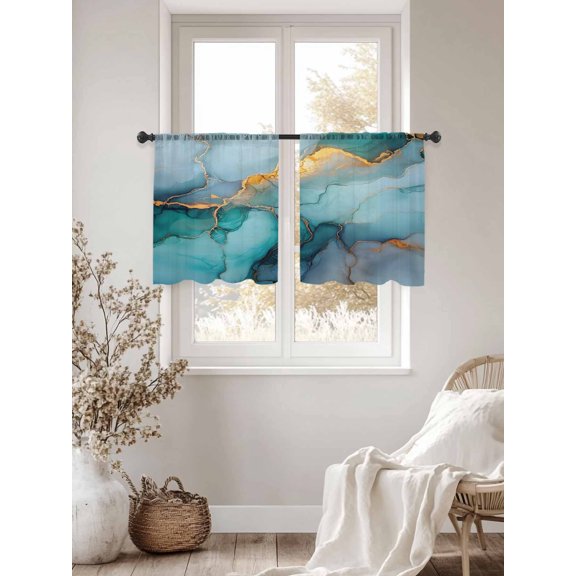 Modern Water Ripple Sheer Curtains 54Inches Long 2 Panels, Semi Sheer Rod Pocket Window Curtains Light Filtering Drapes Green Gold Marble Texture for Living Room Bedroom