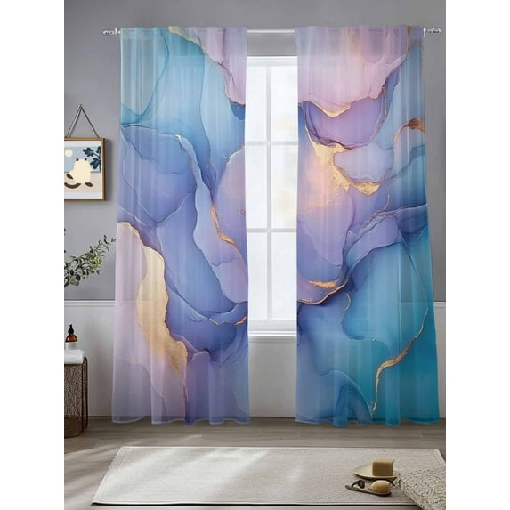 Modern Water Ripples Sheer Curtains 96 Inches Long 2 Panels Gold Blue Marble Texture Light Filtering Semi Sheer Window Curtains Drapes for Bedroom Living Room 52"x96"