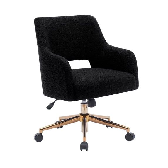 Modern Water and Stain Resistant Boucle Fabric Upholstered Rolling Task Chair Height Adjustable Swivel Vanity Chair, Black
