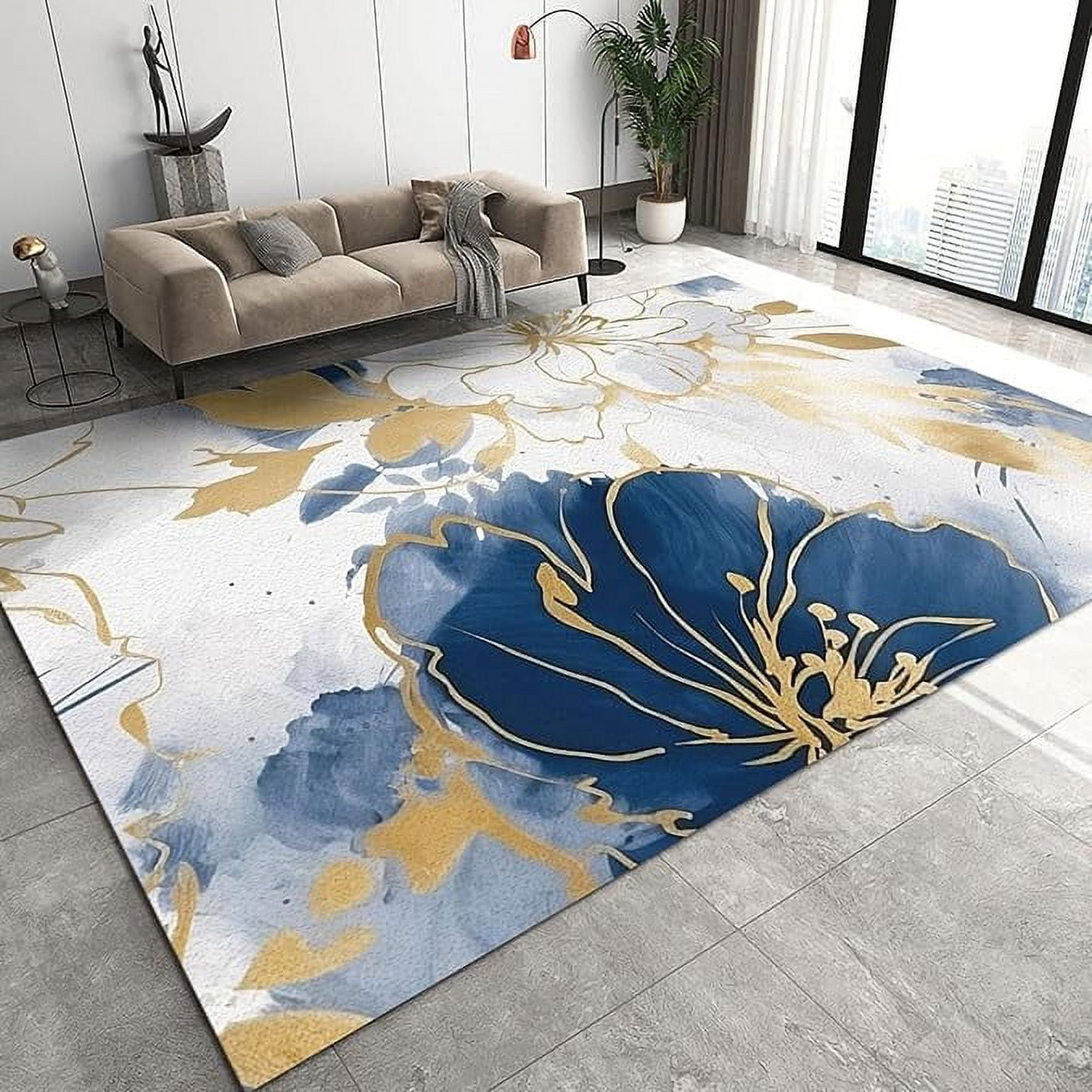 Modern Watercolor Art Area Rugs, Abstract Golden Outline Peony Blue ...