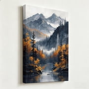 Modern Watercolor Autumn Mountain Valley Canvas Wall Art - Atmospheric Alpine River Landscape Print - Matte Finish Gallery Wrapped Nature Decor Ready to Hang 8*12