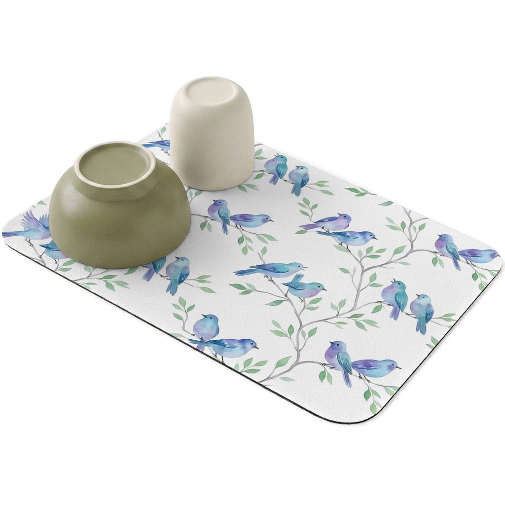 Modern Watercolor Bird Tree Branch Dish Drying Mat,Absorbent ...
