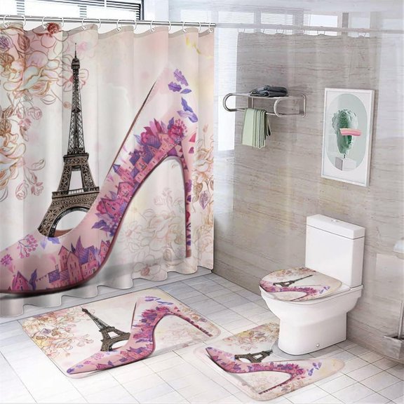 Modern Watercolor Makeup Theme 4 Pcs Waterproof Shower Curtain Set,Rustic Abstract Spring Floral Rose Heels Lipstick Print with Waterproof Toilet Cover Shower Mat Rugs