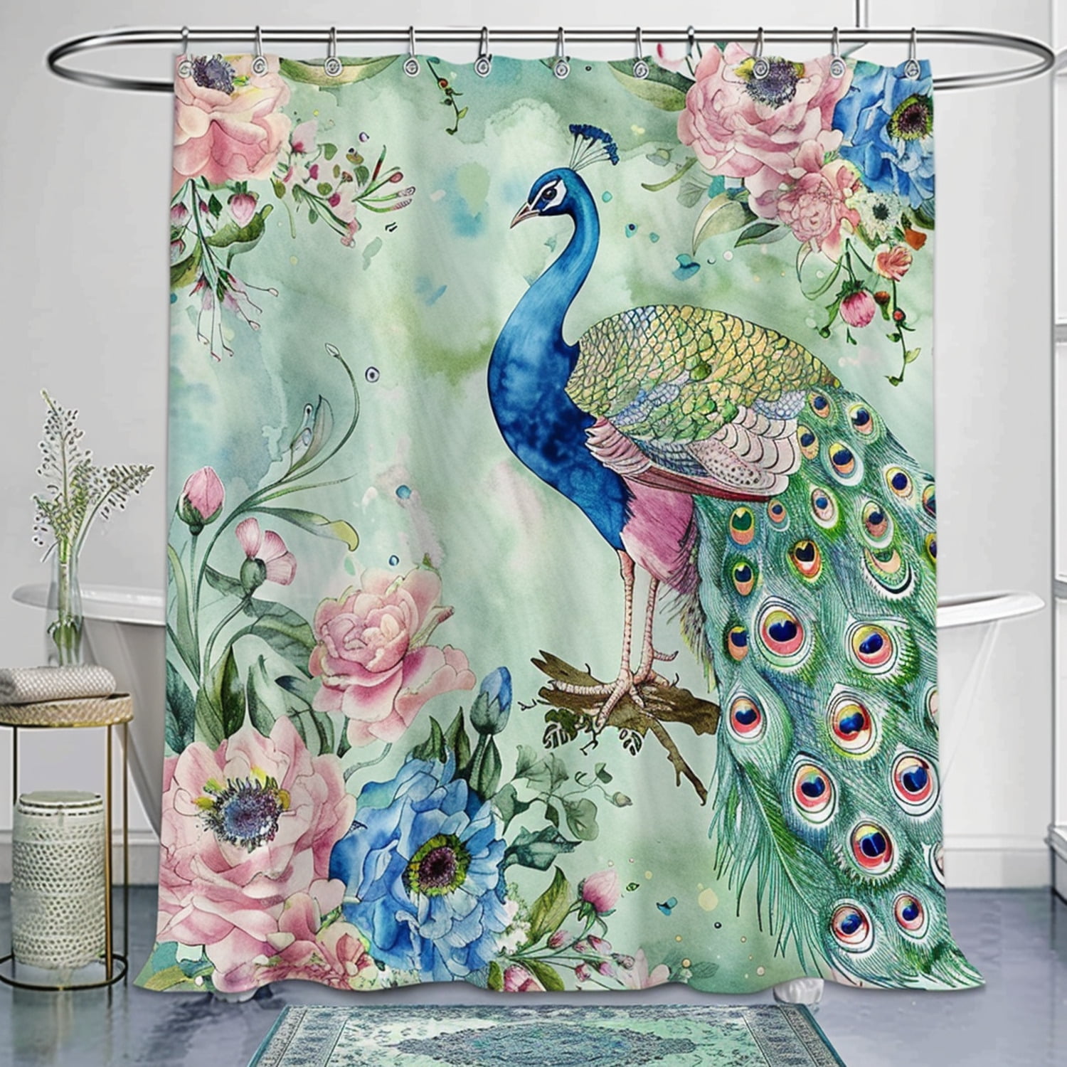 Modern Watercolor Peacock & Floral Bathroom Set Shower Curtain Light ...