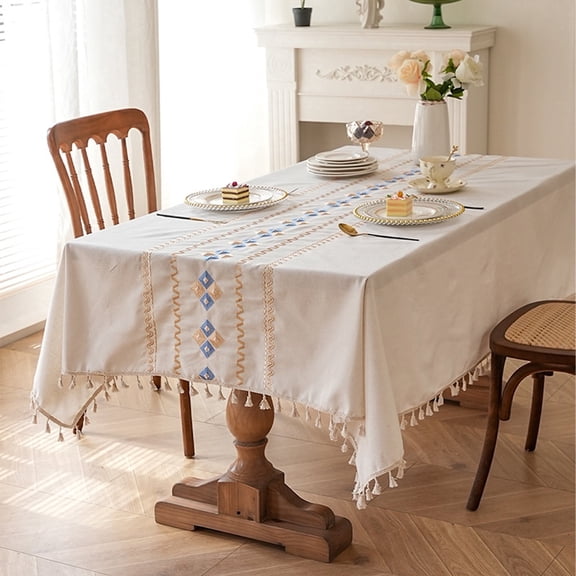 Modern Waterproof Embroidery Tablecloth Cotton Blend Rectangular Dining Table Cover, Blue, 59"x71"