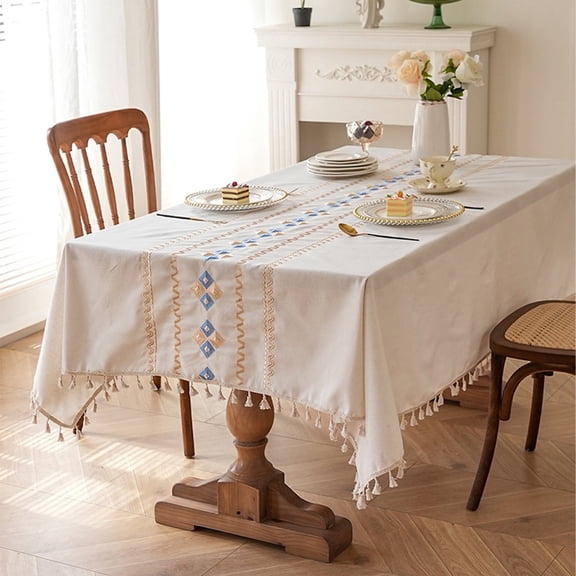 Modern Waterproof Embroidery Tablecloth Cotton Blend Rectangular Dining Table Cover, (Blue, 59"x71")