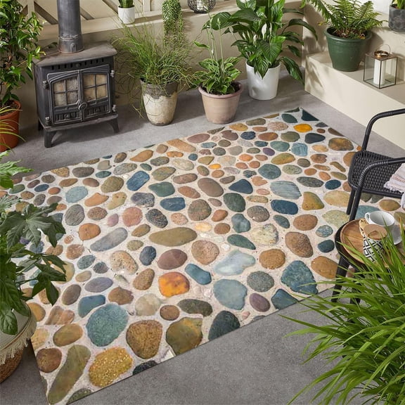 Modern Waterproof Indoor Outdoor Area Rug for Patio Deck Balcony Porch Garden Non Slip Washable Carpet Navy Blue Brown 3D Illusion Camping Floor Rugs Beach Theme Bathmat 4'x8'