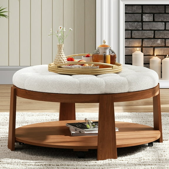 Modern Waterproof Linen With 2 Design And Upholstery - Coffee Table Round Wheel Fabric Living Room Furniture