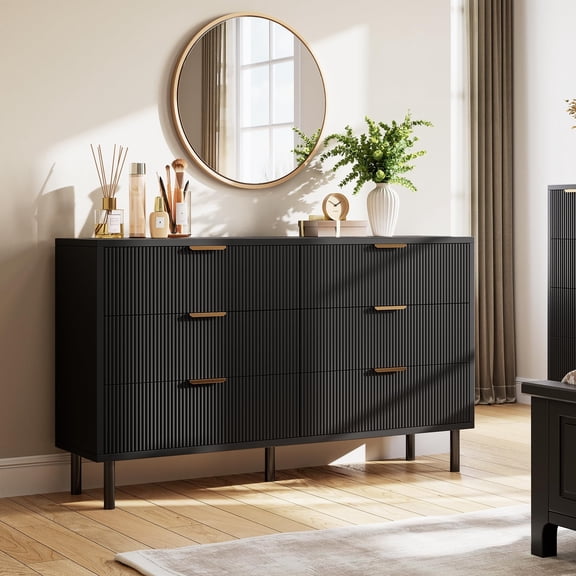 Modern Wave Fluted 6 Drawer Double Dresser, Wood Storage Chest for Bedroom Living Room - Black