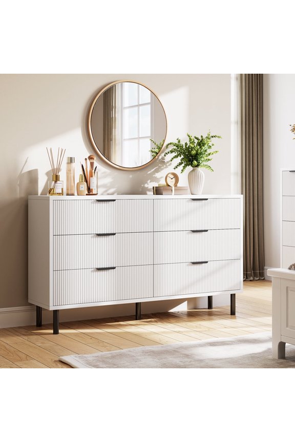 Modern Wave Fluted 6 Drawer Double Dresser, Wood Storage Chest for Bedroom Living Room - White
