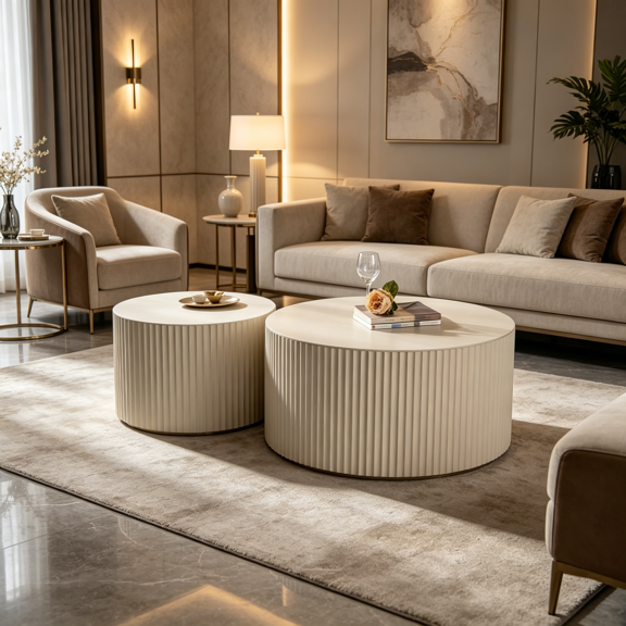 Modern Wave Stripe Nesting Coffee Table Set, Beige End Tables for Living Room, Easy Clean MDF Drum Tables