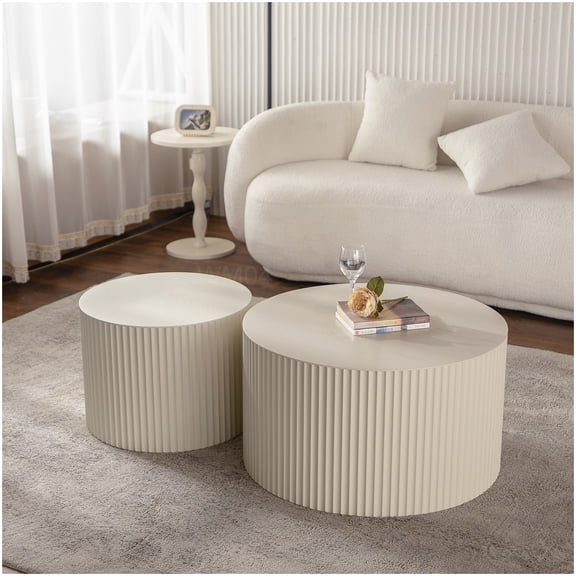 Modern Wave Stripe Nesting Coffee Table Set, Beige End Tables for Living Room, Easy Clean MDF Drum Tables