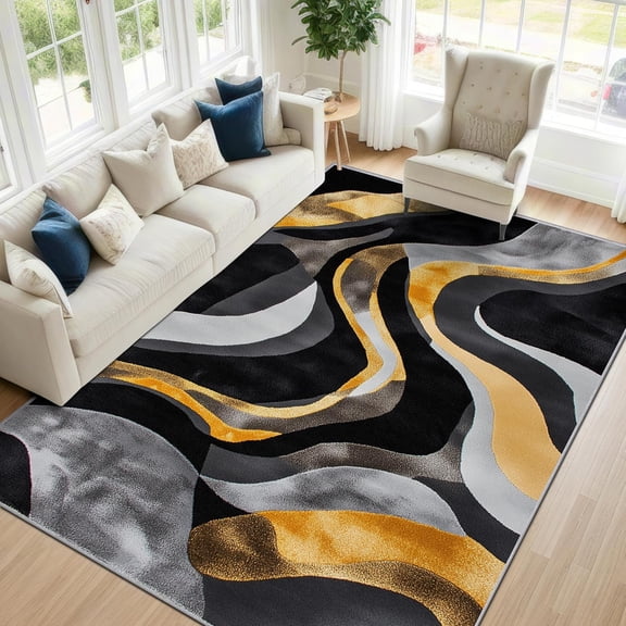 Modern Wavy Abstract Area Rugs, Black Grey Gold Carpet, Washable Non Slip Low Pile Soft Rug for Bedroom Living Room Decor Mat 2x3ft