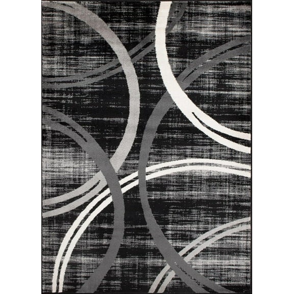 Modern Wavy Circles Design Area Rug, Carpet with Jute Backing for Living Room, Bedroom, or Home Office, Black, 5'3" x 7'3"