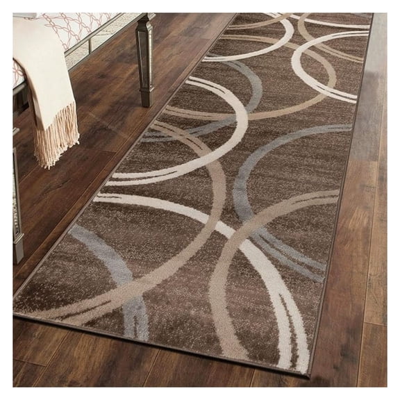 Modern Wavy Circles Design Runner Rug, Non-Shedding Carpet for Hallway, Kitchen, or Entryway, Brown, 2'7" x 6'