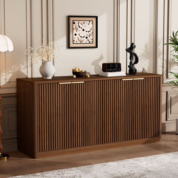 Modern Wavy Sideboard with 4 Doors - Curved Contour Storage Cabinet for Kitchen, Bedroom & Living Room,Walnut