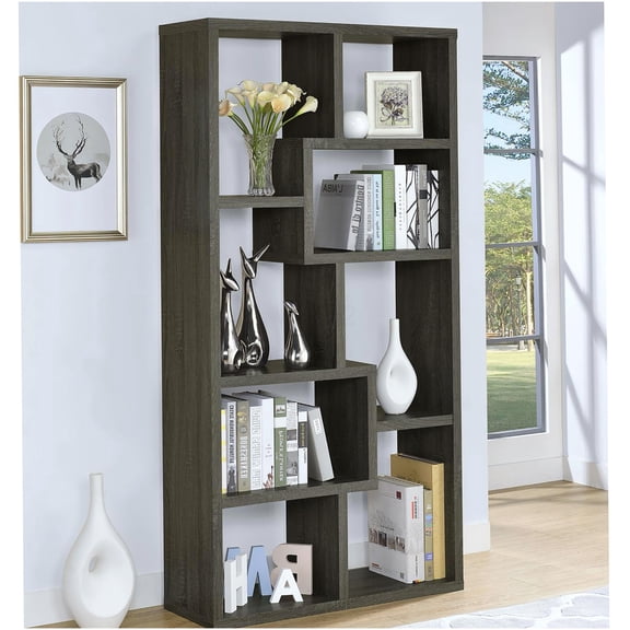 Modern Weathered Grey 8-Shelf Geometric Bookcase, Open Storage Display Organizer for Living Room & Office