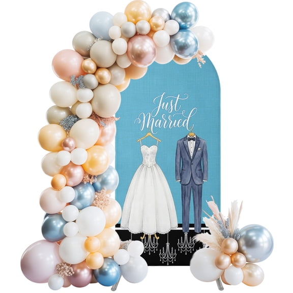 Modern Wedding Arch Backdrop Cover 4 FT Just Married Wedding Dress Tuxedo Stretchy Elastic Arch Stand Covers Spandex Arched Background Birthday Wedding Party Decoration (No Stand)