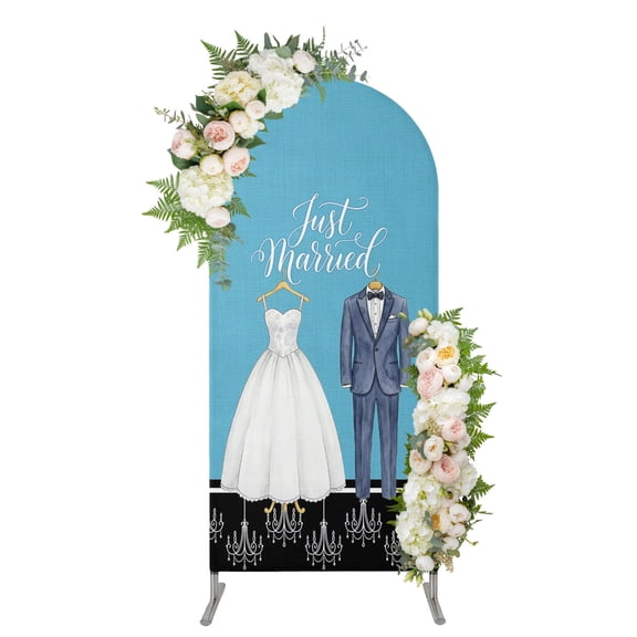 Modern Wedding Arch Backdrop Cover 5 FT, Just Married Wedding Dress Tuxedo Wedding Arch Cover Stretchy Backdrop Stands Covers for Birthday Party Ceremony Banquet Decor