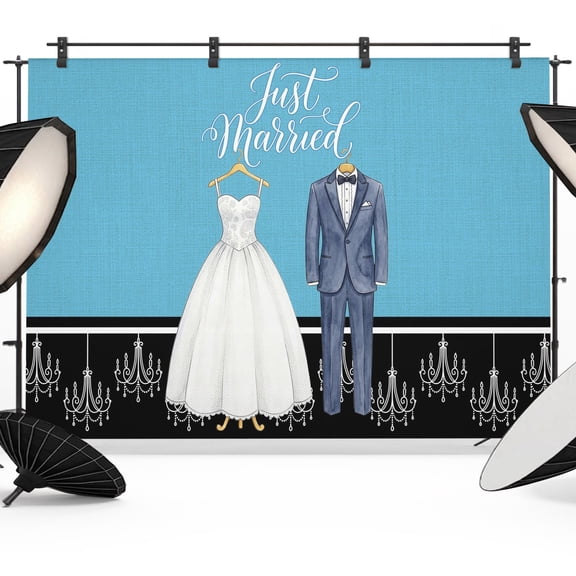 Modern Wedding Backdrops for Photography, Just Married Wedding Dress Tuxedo Fabric Photo Background Sturdy Studio Props for Photo Studio, Video Recording, Booth & Photoshoot 12x8ft