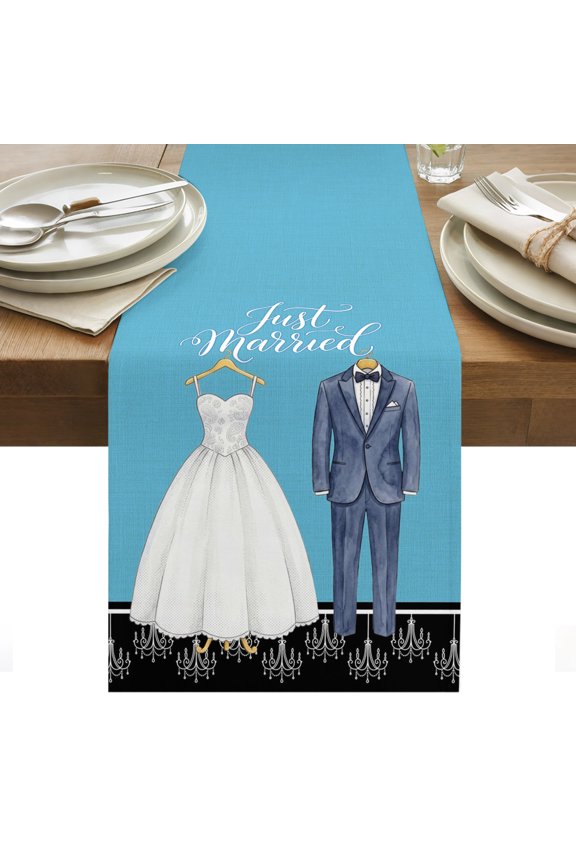 Modern Wedding Cotton Linen Table Runner Just Married Wedding Dress Tuxedo Dining Table Runners for Home Decor Party Dining Room Restaurant Kitchen Party 13" x 36"