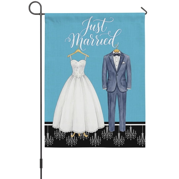 Modern Wedding Garden Flag 12 x 18 Inches, Just Married Wedding Dress Tuxedo Weather Proof Outdoor Patio Flags Double Sided Small Garden Decoration for Yard Outside Home